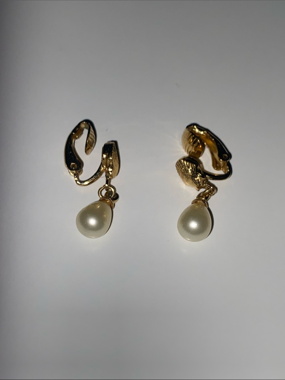 Vintage Gold Clip-On Pearl Drop Earrings by Trifari